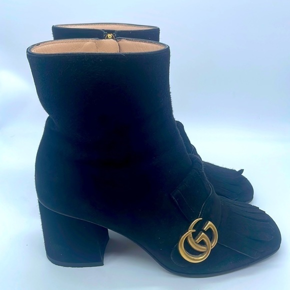 Gucci Black Suede Leather GG marmont fringe ankle boots 37.5 - Picture 1 of 13